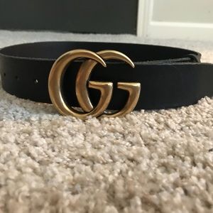 Double G Gucci Leather Belt Black and Gold